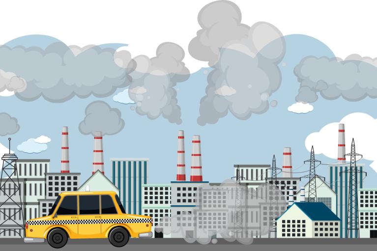 Factories with billowing smoke, taxi driving by